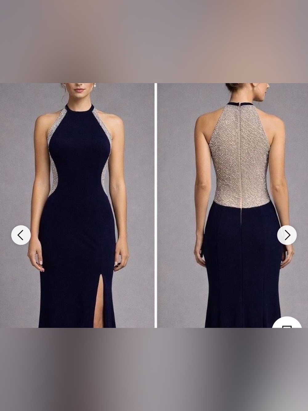 Xscape Navy Halter Gown with Beaded Champagne Back